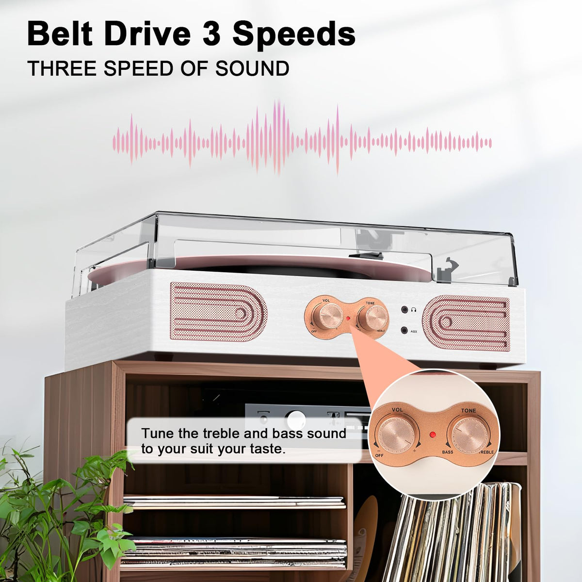 DANFI AUDIO DF rose-gold turntable with treble and bass control enhances home listening