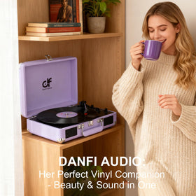 DANFI AUDIO DF size comparison with vinyl and book for compact portability