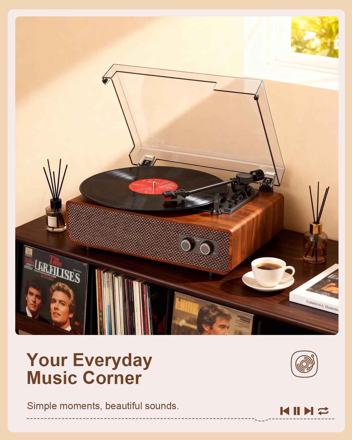 DANFI AUDIO DF next to a vinyl sleeve for scale showing compact footprint benefit: fits small spaces