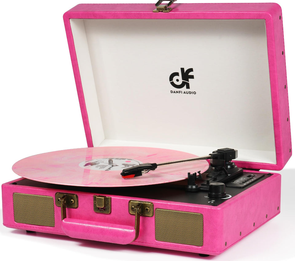 DANFI AUDIO DF pink vintage suitcase turntable front view with built-in speakers for rich sound