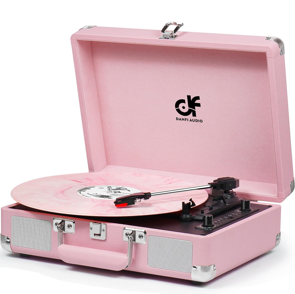 DANFI AUDIO DF vintage pink suitcase record player front view highlighting portable retro design.
