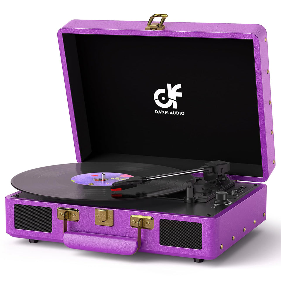 DANFI AUDIO DF vintage suitcase record player front view with portable built-in speakers.