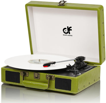 DANFI AUDIO DF vintage suitcase turntable with built-in speakers for immersive listening in a living room