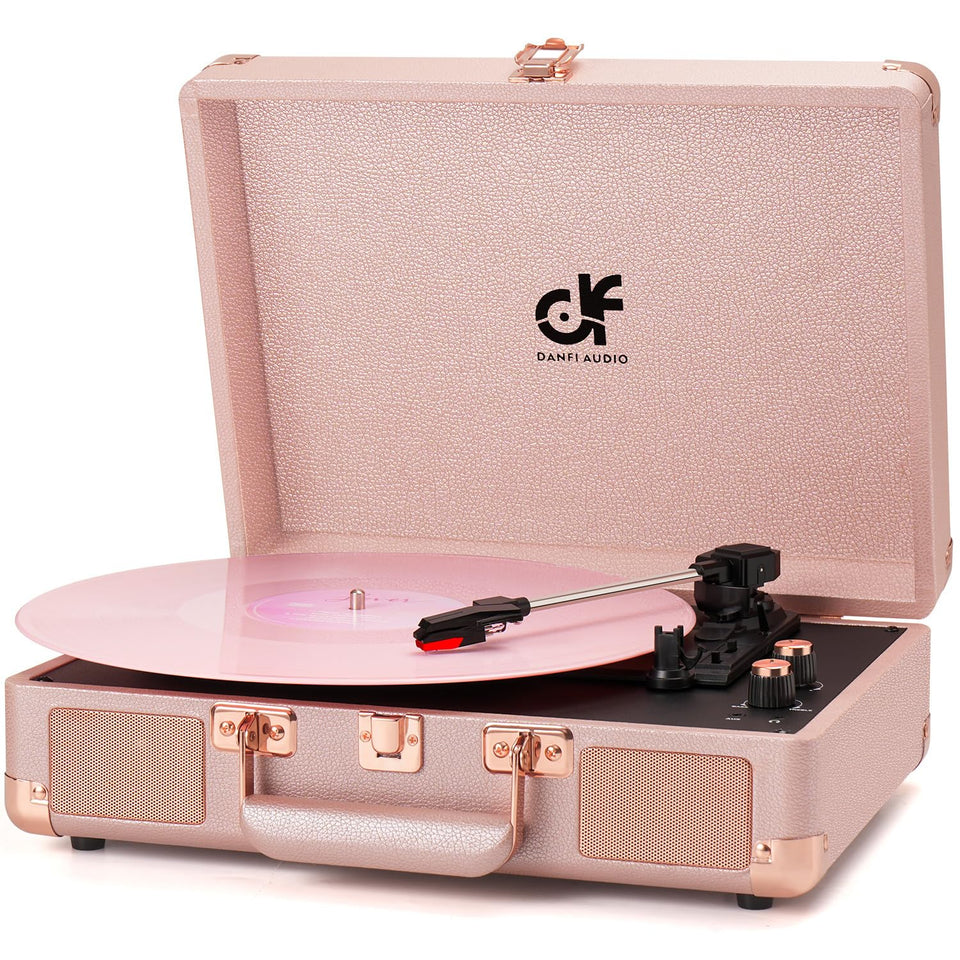 DANFI AUDIO DF vinyl player front view in pink rose gold for stylish listening