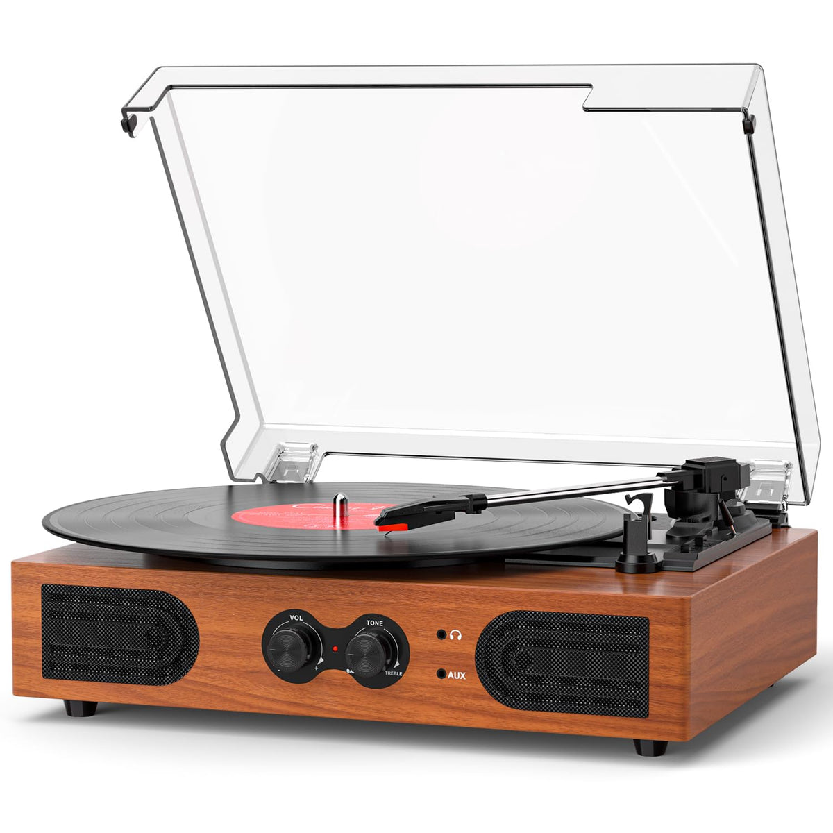 DANFI AUDIO DF vinyl player front view with built-in speakers, warm wood finish