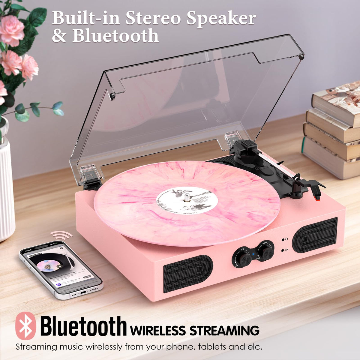 DANFI AUDIO DF pink vinyl player 3-speed turntable for versatile listening.