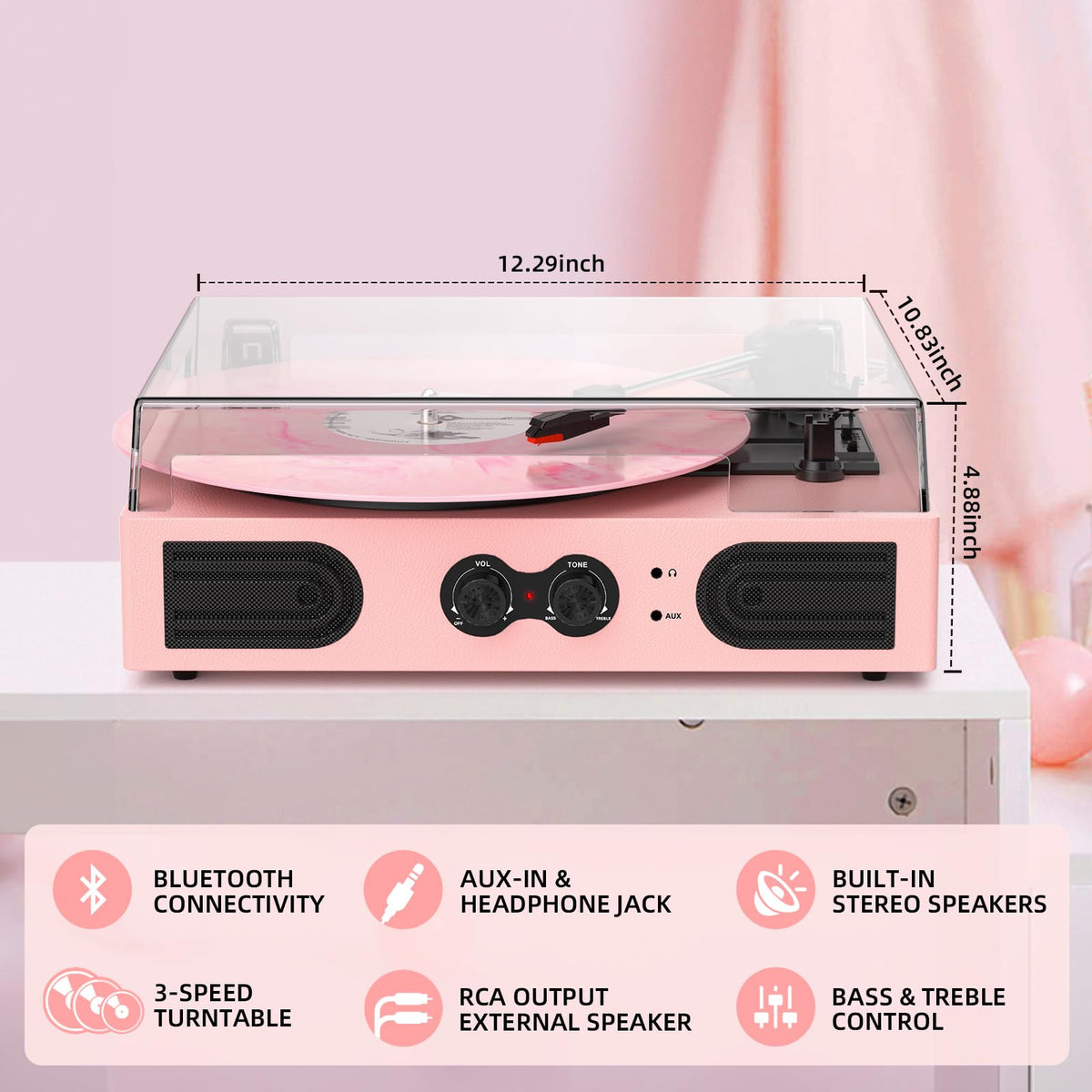 DANFI AUDIO DF pink record player Bluetooth input for wireless streaming.