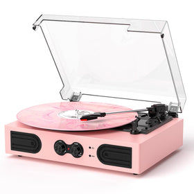 DANFI AUDIO DF vinyl record player pink with built-in speakers, ideal for dorm rooms.