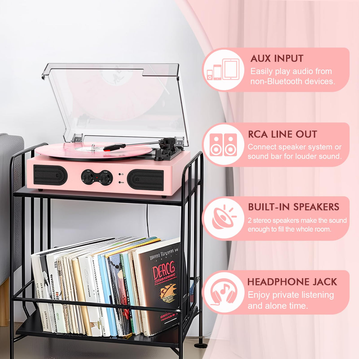DANFI AUDIO DF pink all-in-one turntable with dual speakers and stylish finish.