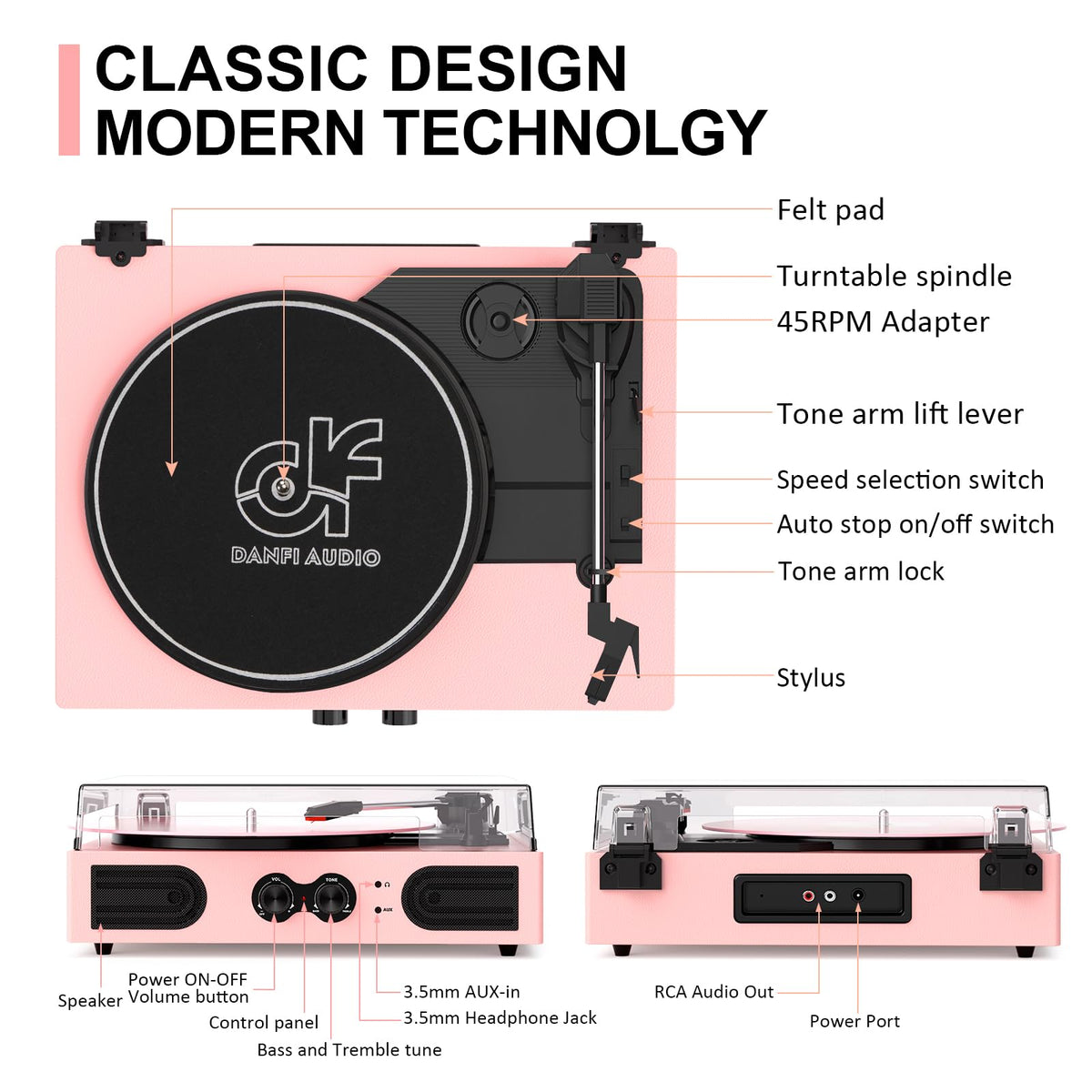 DANFI AUDIO DF pink record player with treble and bass control for richer tone.