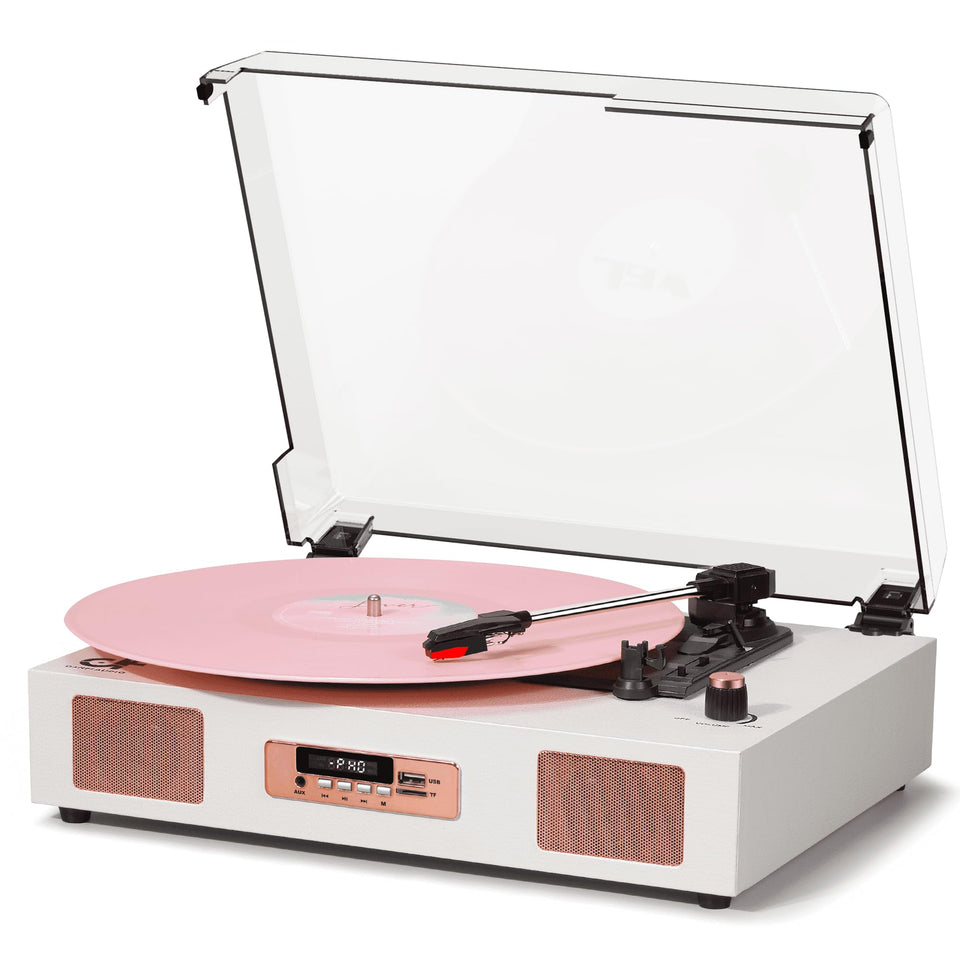 DANFI AUDIO DF vinyl record player front view with built-in speakers for wireless listening