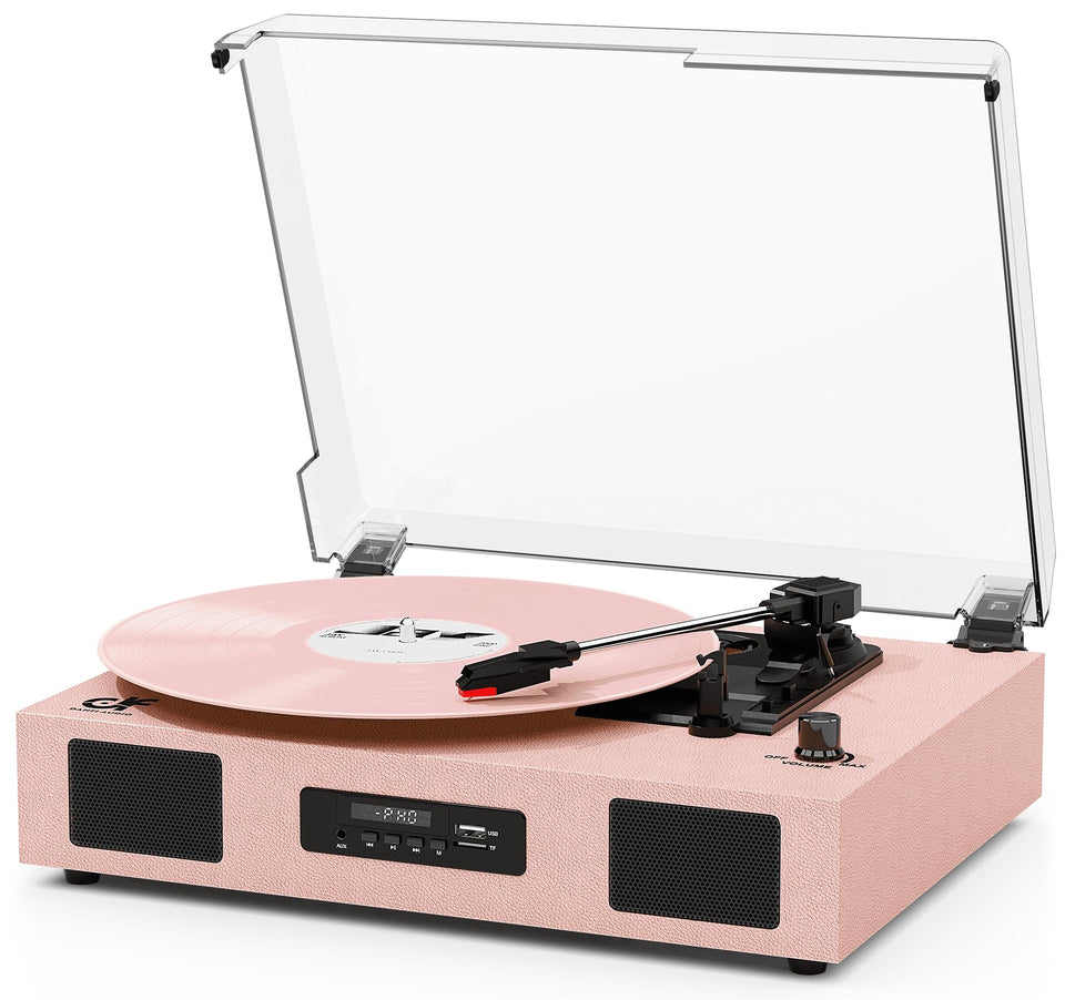 DANFI AUDIO DF vinyl record player pink front view, showcasing stylish compact design