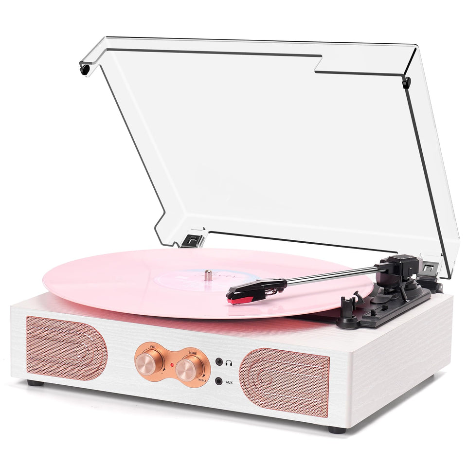 DANFI AUDIO DF vinyl turntable with built-in speakers in white rose gold, ideal for compact dorm setups