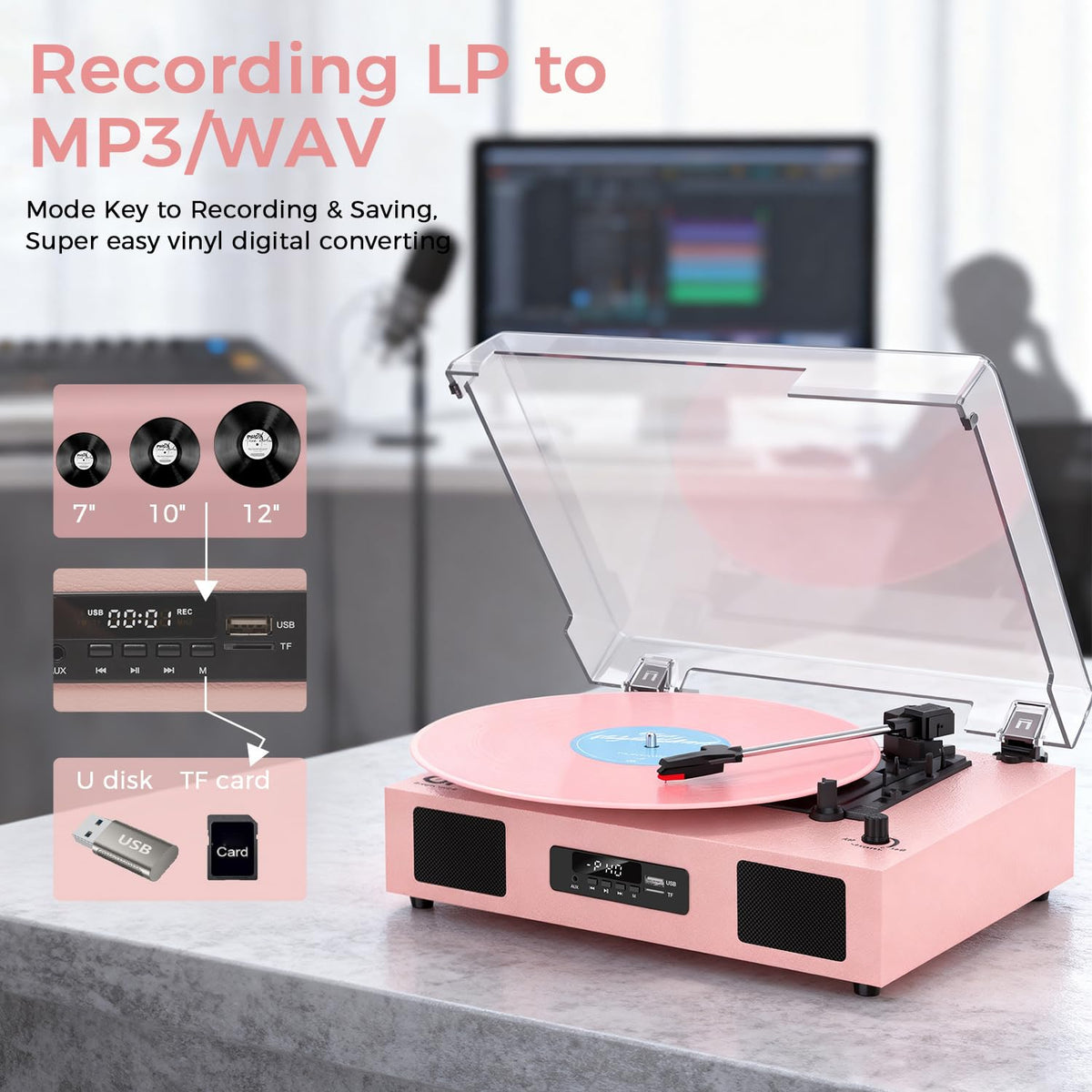 DANFI AUDIO DF pink turntable with clear dust cover protecting records.