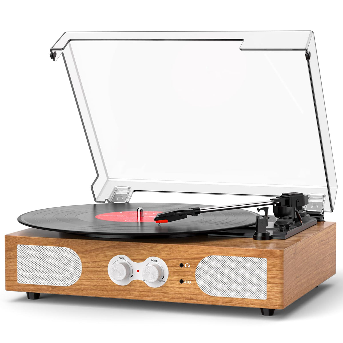 DANFI AUDIO DF vinyl turntable front view in natural wood, ideal for dorm room listening