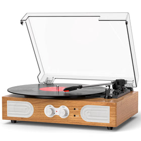 DANFI AUDIO DF vinyl turntable front view in natural wood, ideal for dorm room listening