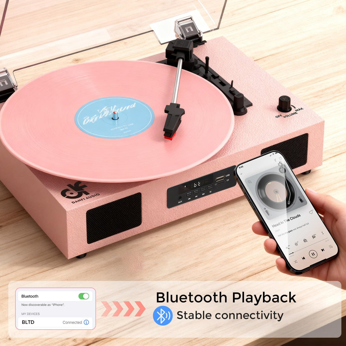 DANFI AUDIO DF turntable pink view highlighting built-in speakers for direct playback.