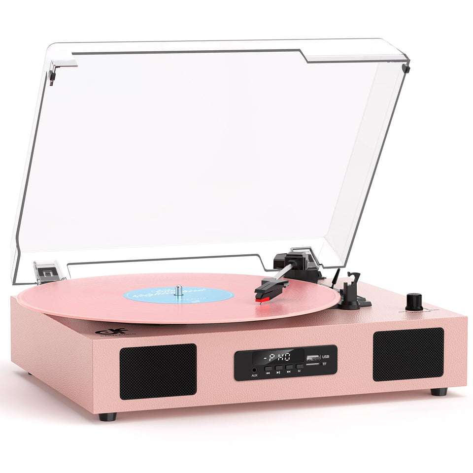 DANFI AUDIO DF vinyl turntable pink front view with retro vibe and warm wood finish.
