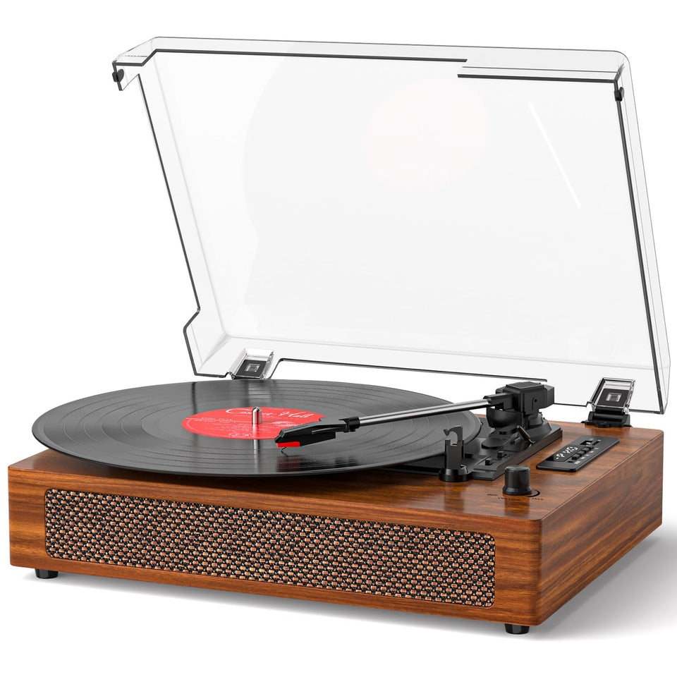 Danfi Audio DF vinyl turntable with wooden retro finish and built-in speakers for rich sound.