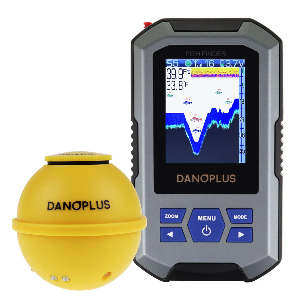 DANOPLUS portable fish finder screen shows depth and fish size.