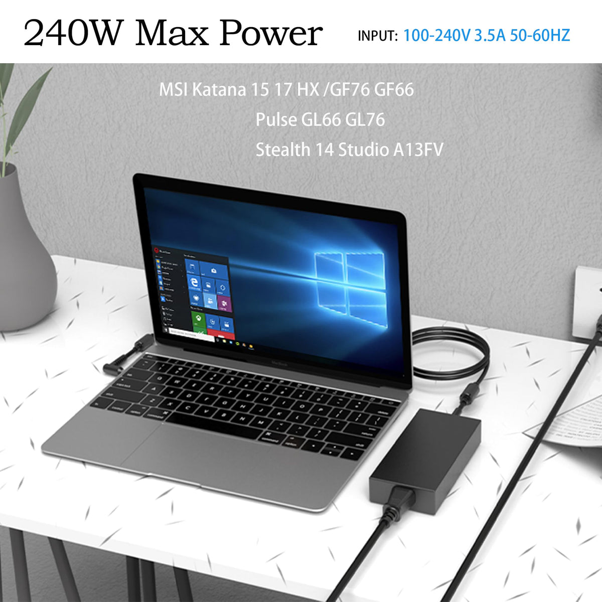 DAPTLA 240W MSI Katana side with 4.5x3.0mm plug for reliability.