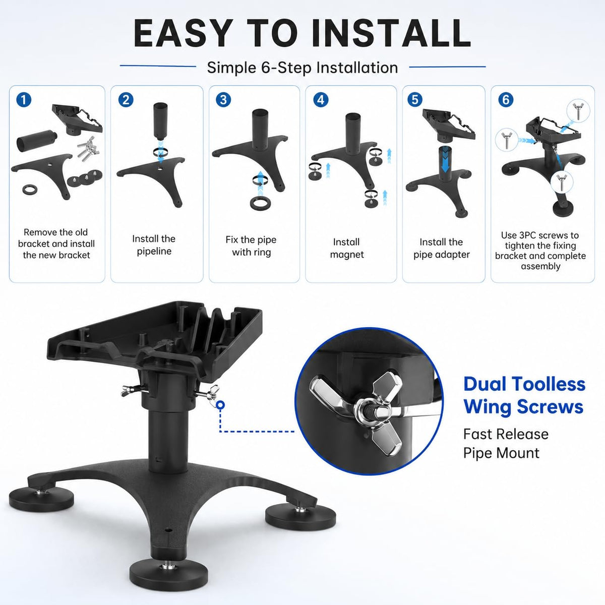 Daqa side profile of heavy-duty tripod base demonstrating low-center-of-gravity stability