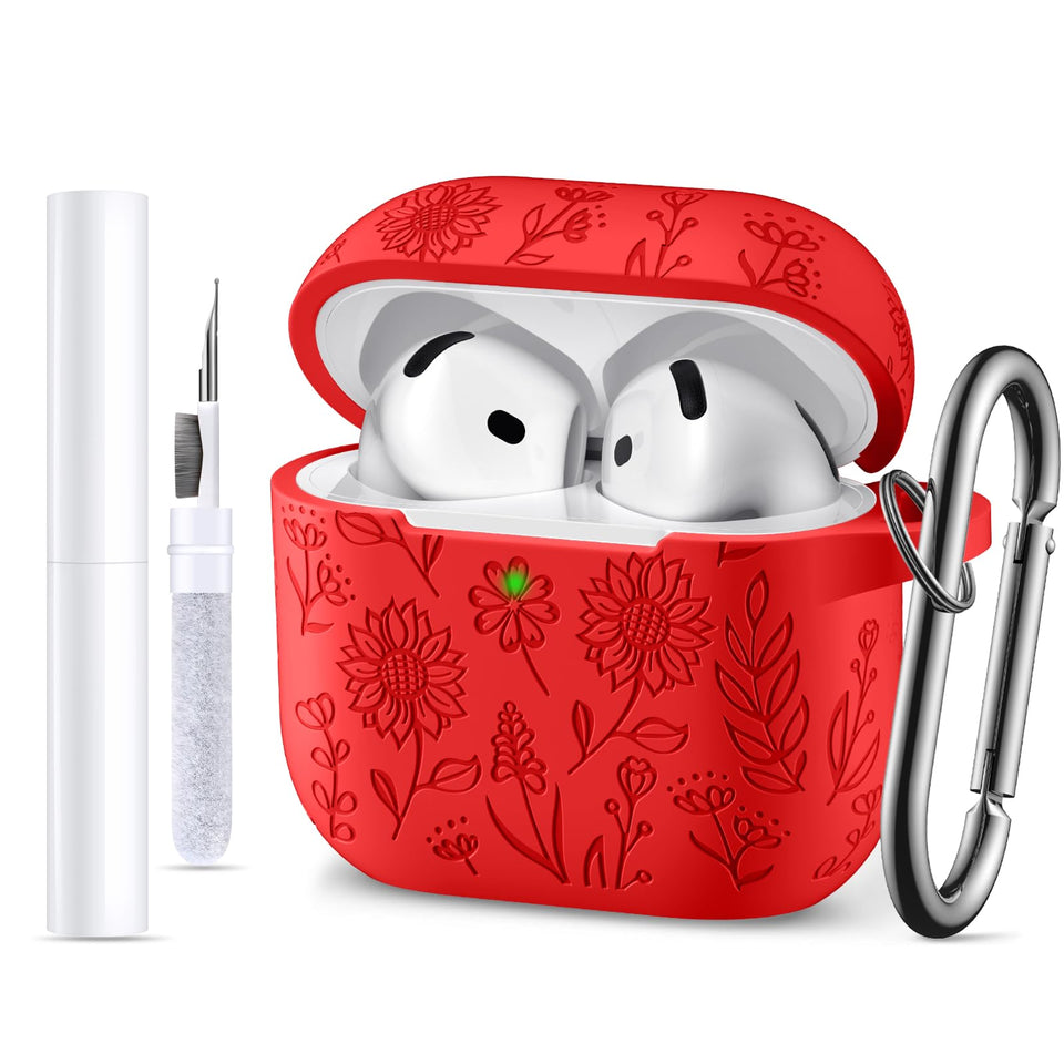 DaQin AirPods 4 flower-engraved case in red adds style while guarding against scratches.