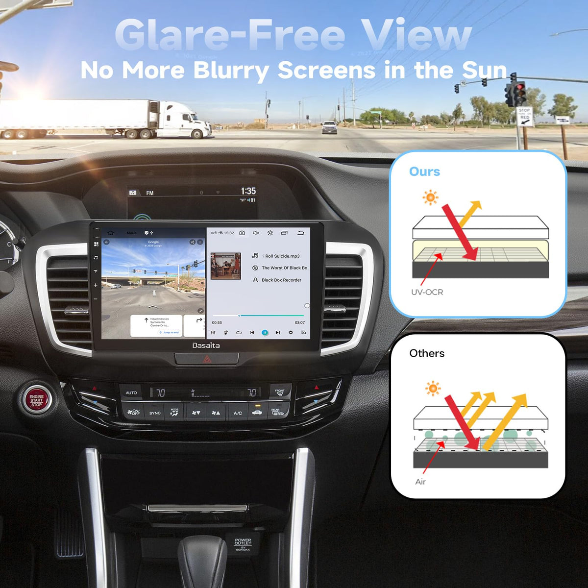 10.2-inch QLED touchscreen with anti-reflection for sunny-day clarity.
