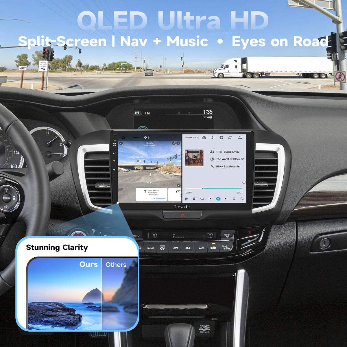 Split-screen mode lets navigation and music stay visible together.
