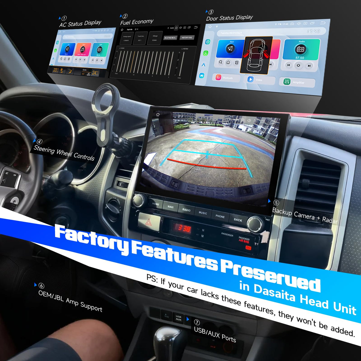 Dasaita Tacoma inclinometer for real-time safety monitoring on winding roads.