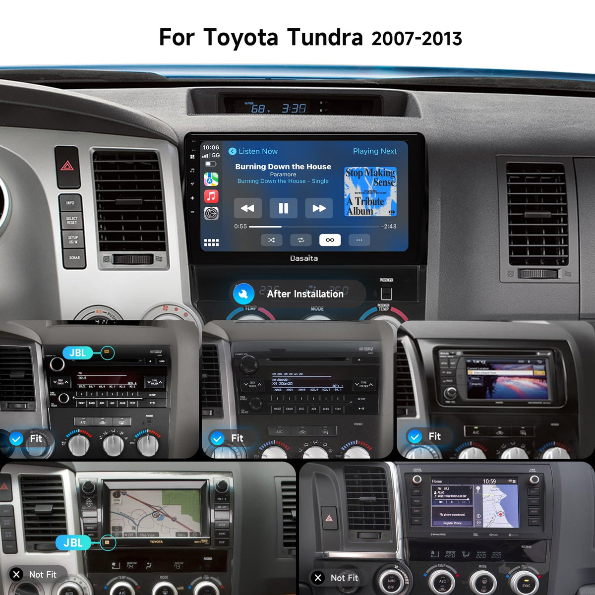Dasaita dash unit in Toyota Tundra enabling wireless CarPlay for calls and maps.