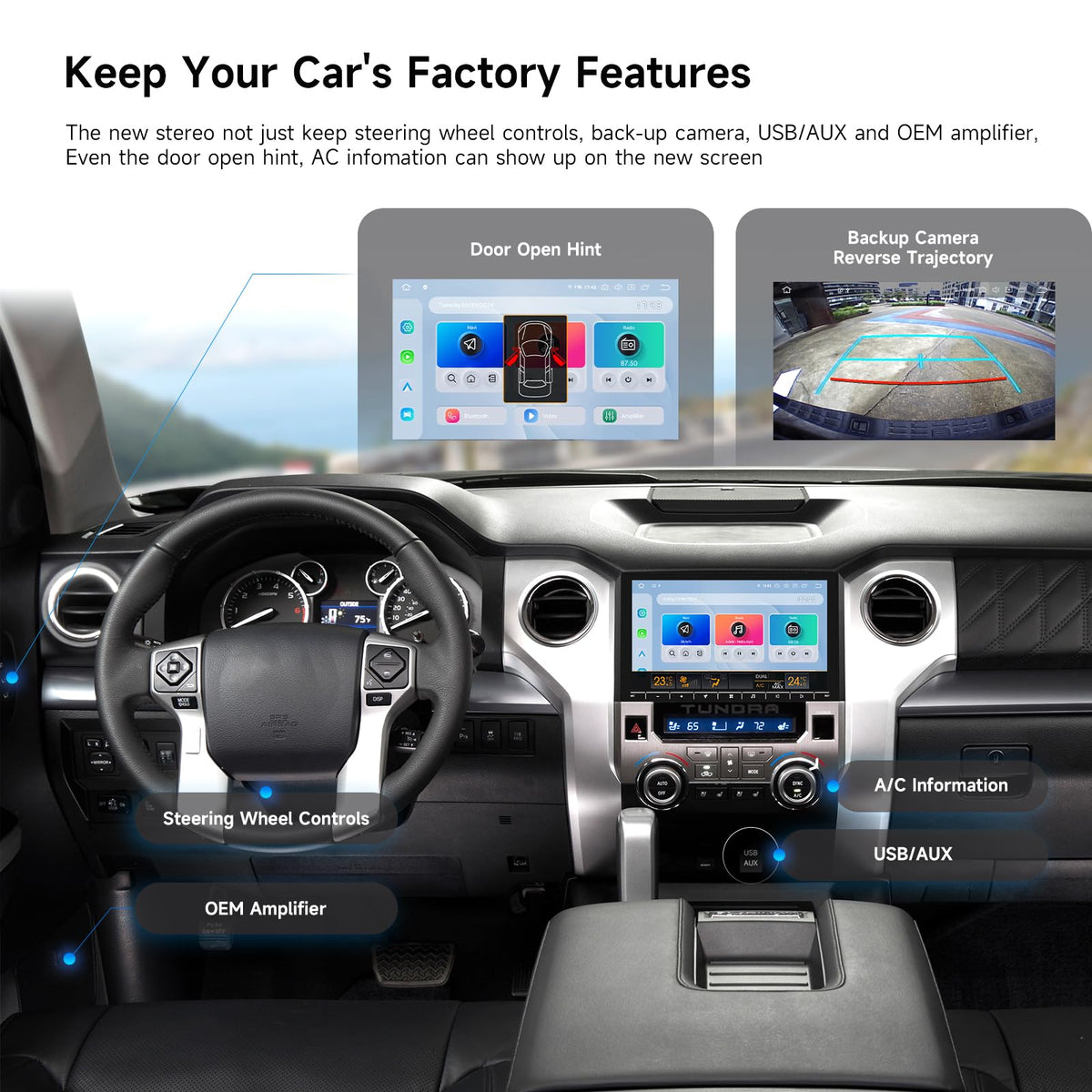 Dasaita Tundra head unit 10.2-inch QLED display for crisp, vibrant visuals.