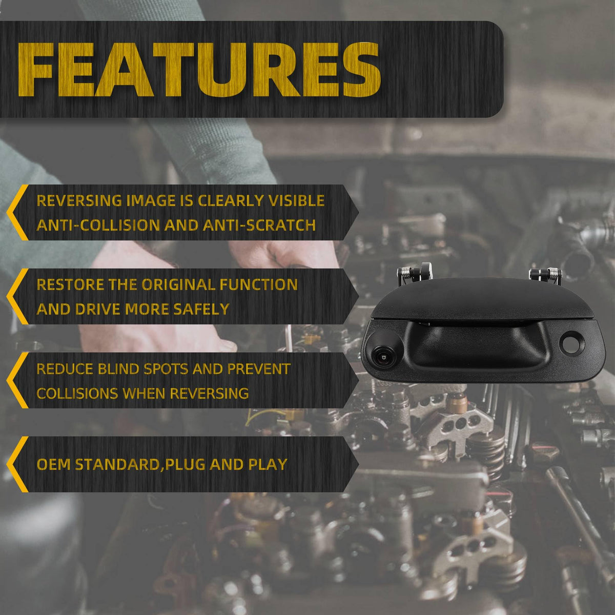 Close-up of camera on tailgate handle highlighting sturdy ABS construction