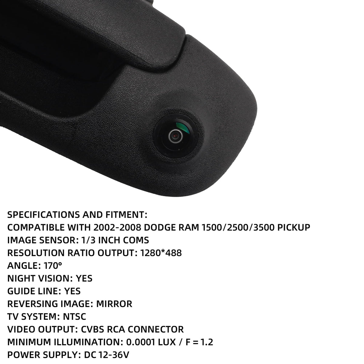 Dasbecan rear-view camera closeup highlights wide viewing angle.