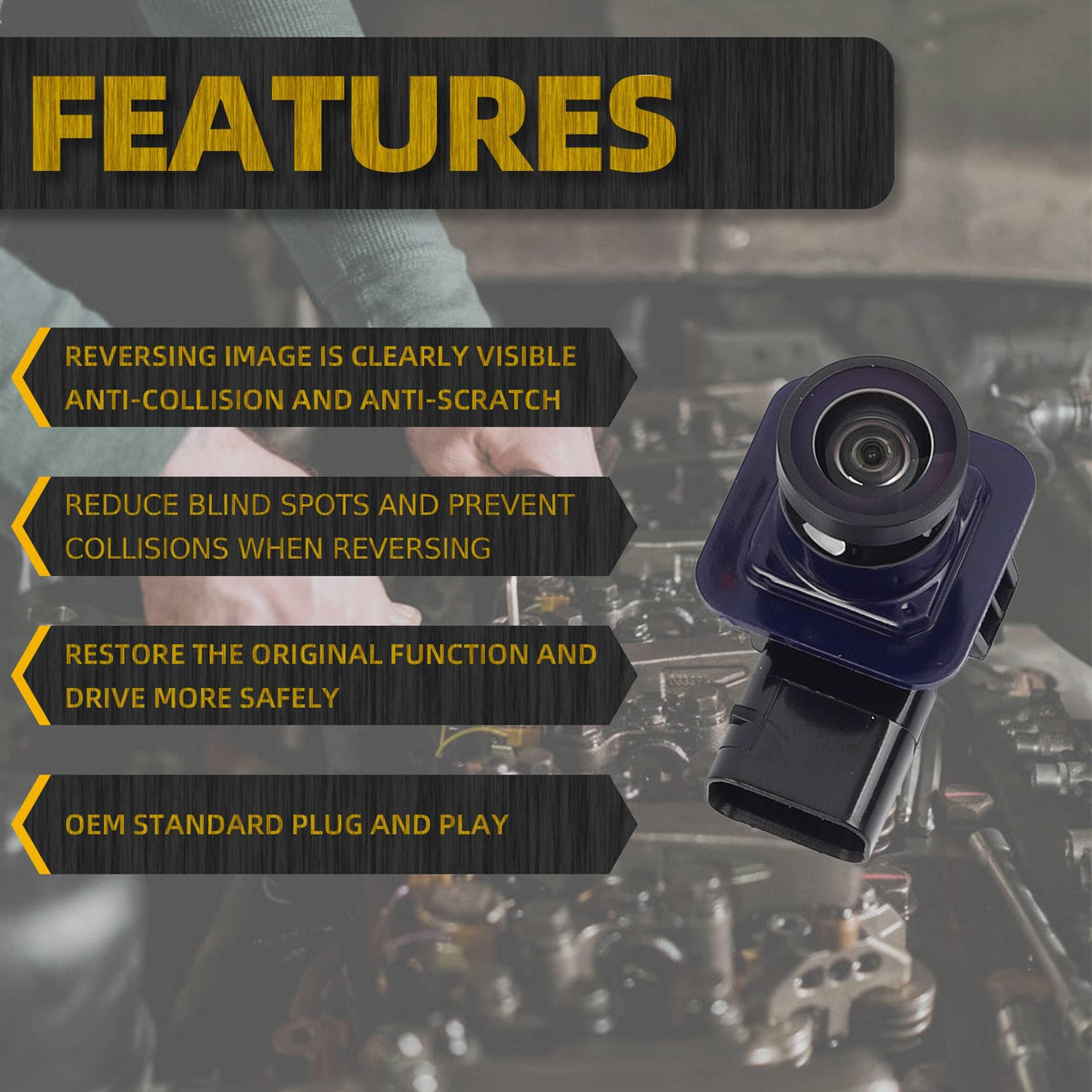 Dasbecan rear view camera connector close-up, plug-and-play wiring for easy installation.