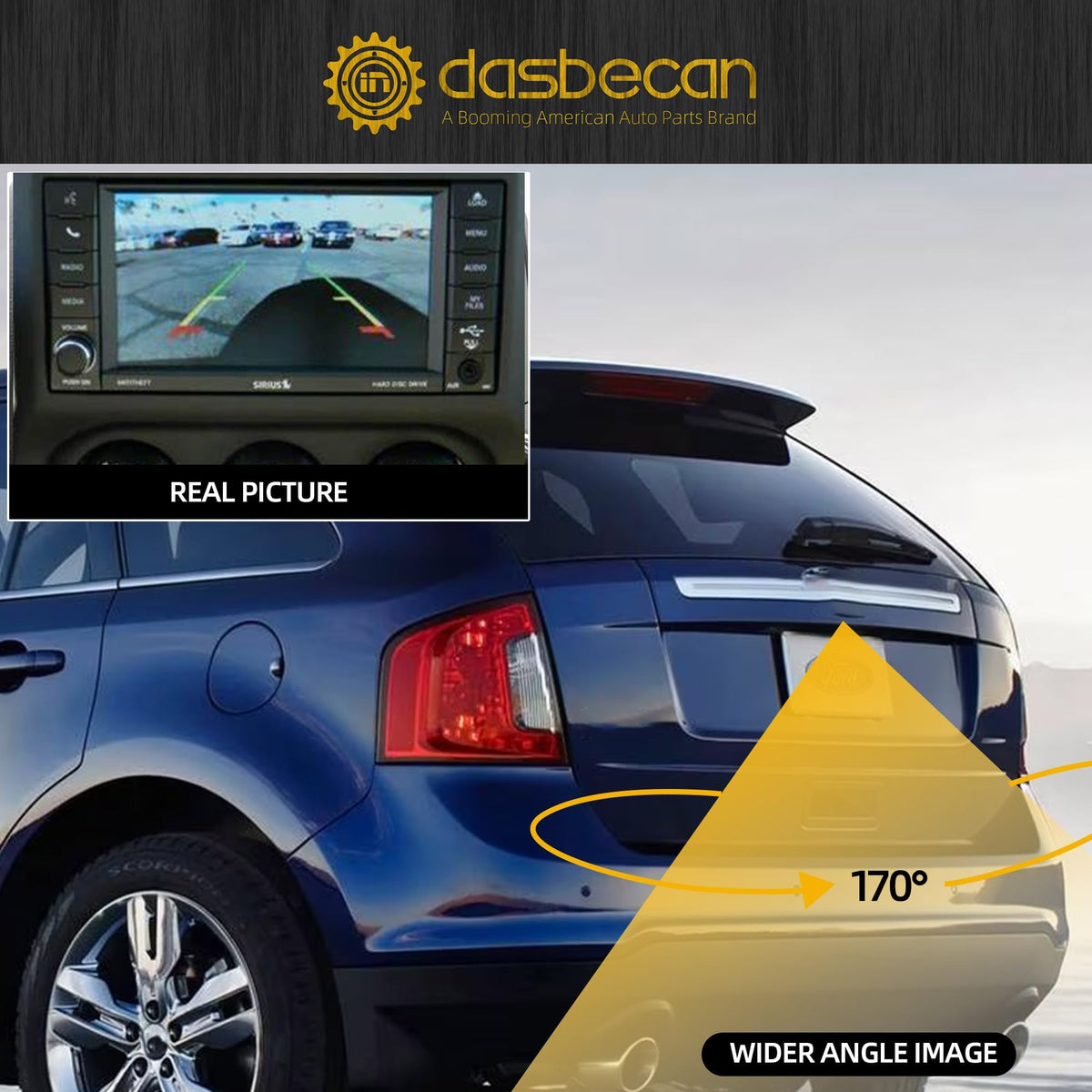 Wide-angle Dasbecan camera helps track edges and obstacles behind the vehicle.