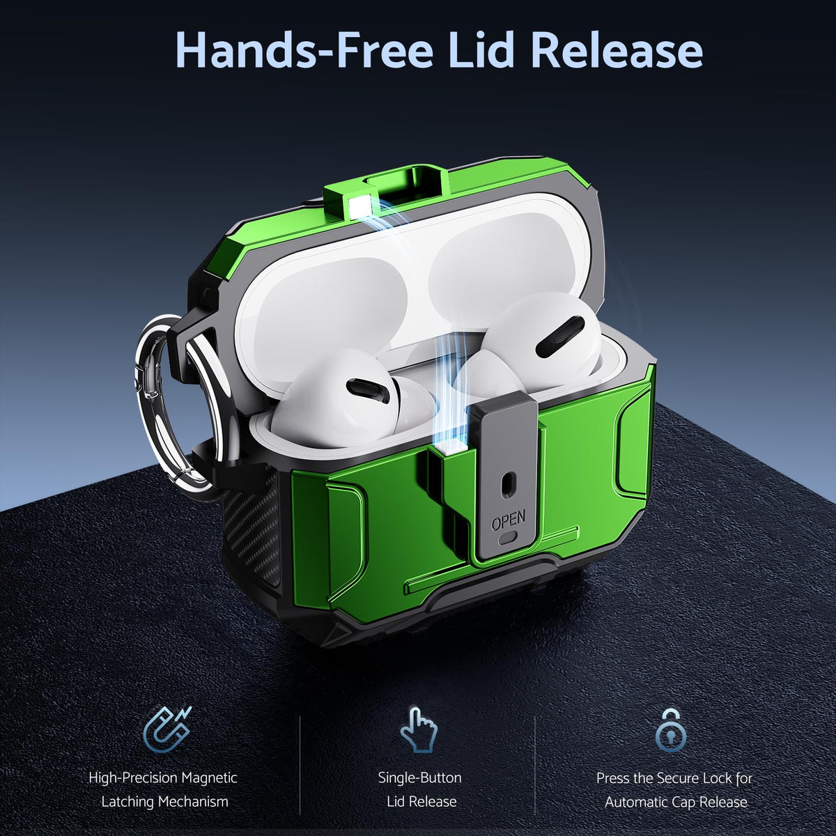 DASFOND Armor AirPods Pro 2 magnetic lid enables easy one-click opening.