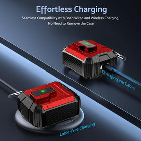 DASFOND Armor AirPods red case, back view highlighting shielded corners.