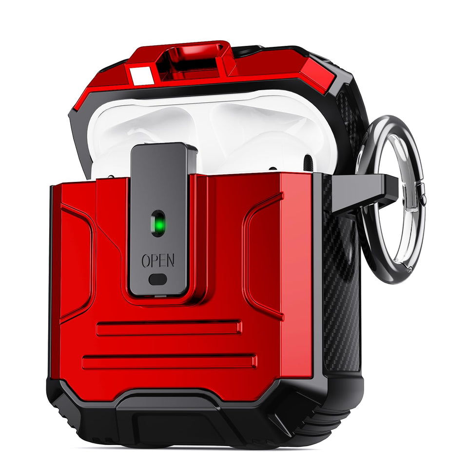 DASFOND Armor AirPods case in red, front view showing LED status and protection.