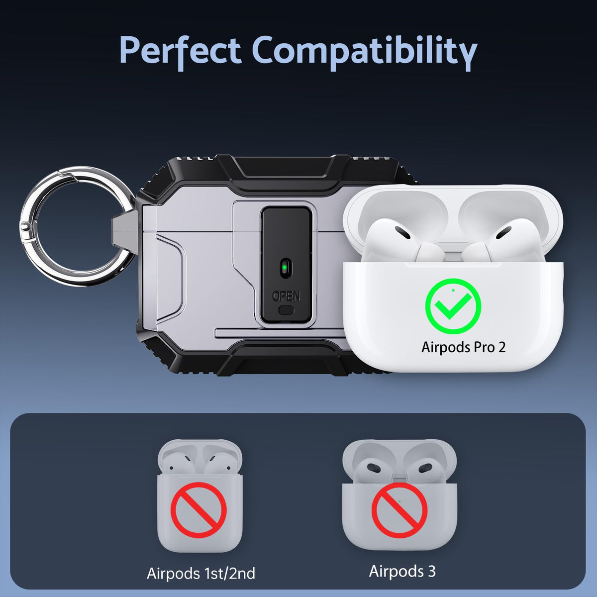 DASFOND Armor AirPods Pro 2 case with portable carabiner for outdoor activities.