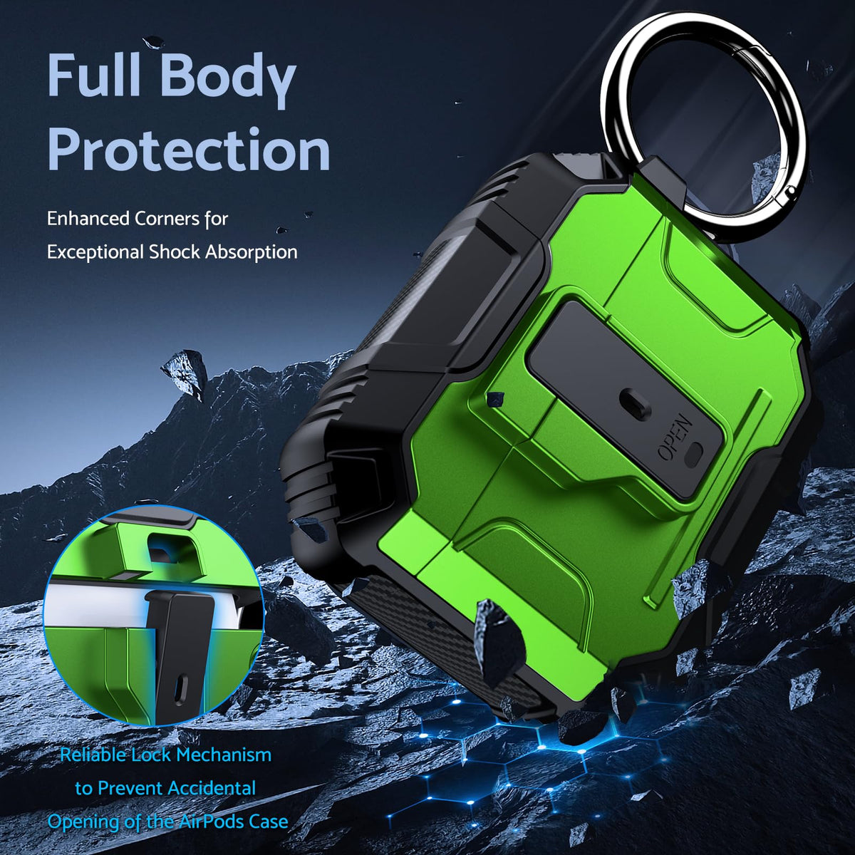 DASFOND Armor AirPods 4 case side view highlighting shockproof corners for drops.