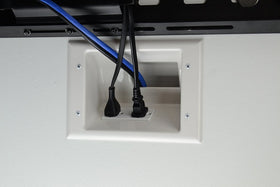 DATA COMM closeup of 20A duplex receptacle demonstrating secure power access