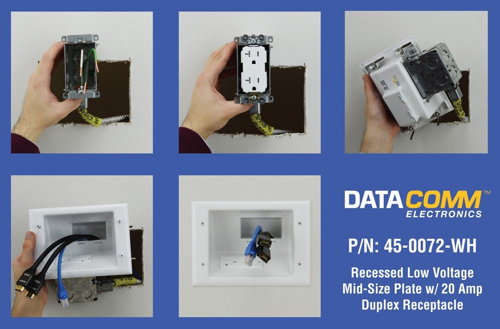 DATA COMM installed behind wall with TV demonstrating hidden cords and neat appearance