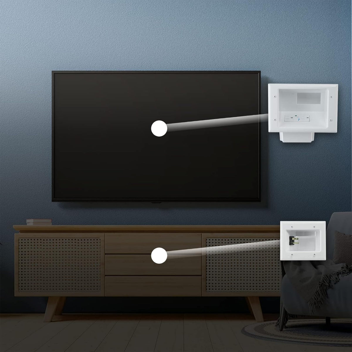 DATA COMM close-up of recessed outlet and cable channel showing safe routing