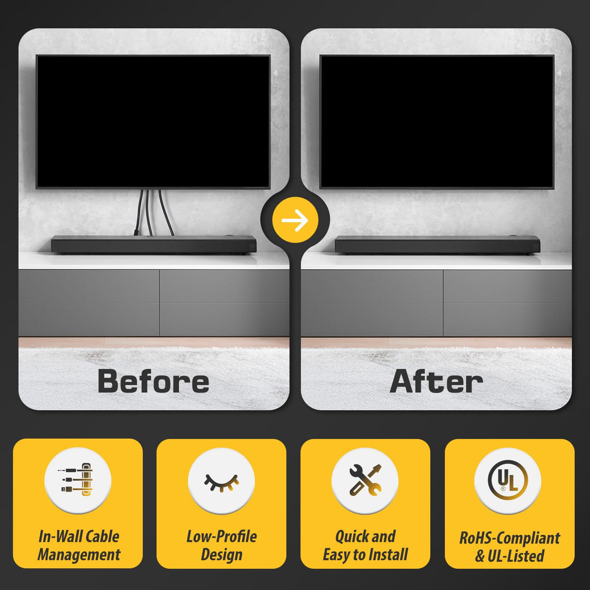DataComm plate hidden behind wall-mounted TV showing tidy cable concealment