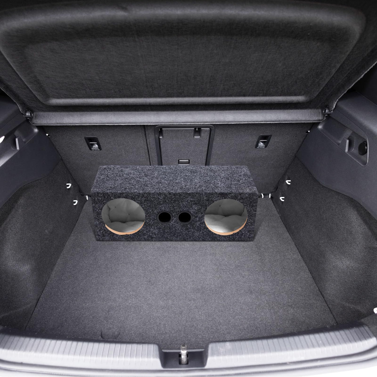 Datanly dual 6.5-inch enclosure fits two speakers for enhanced playback.