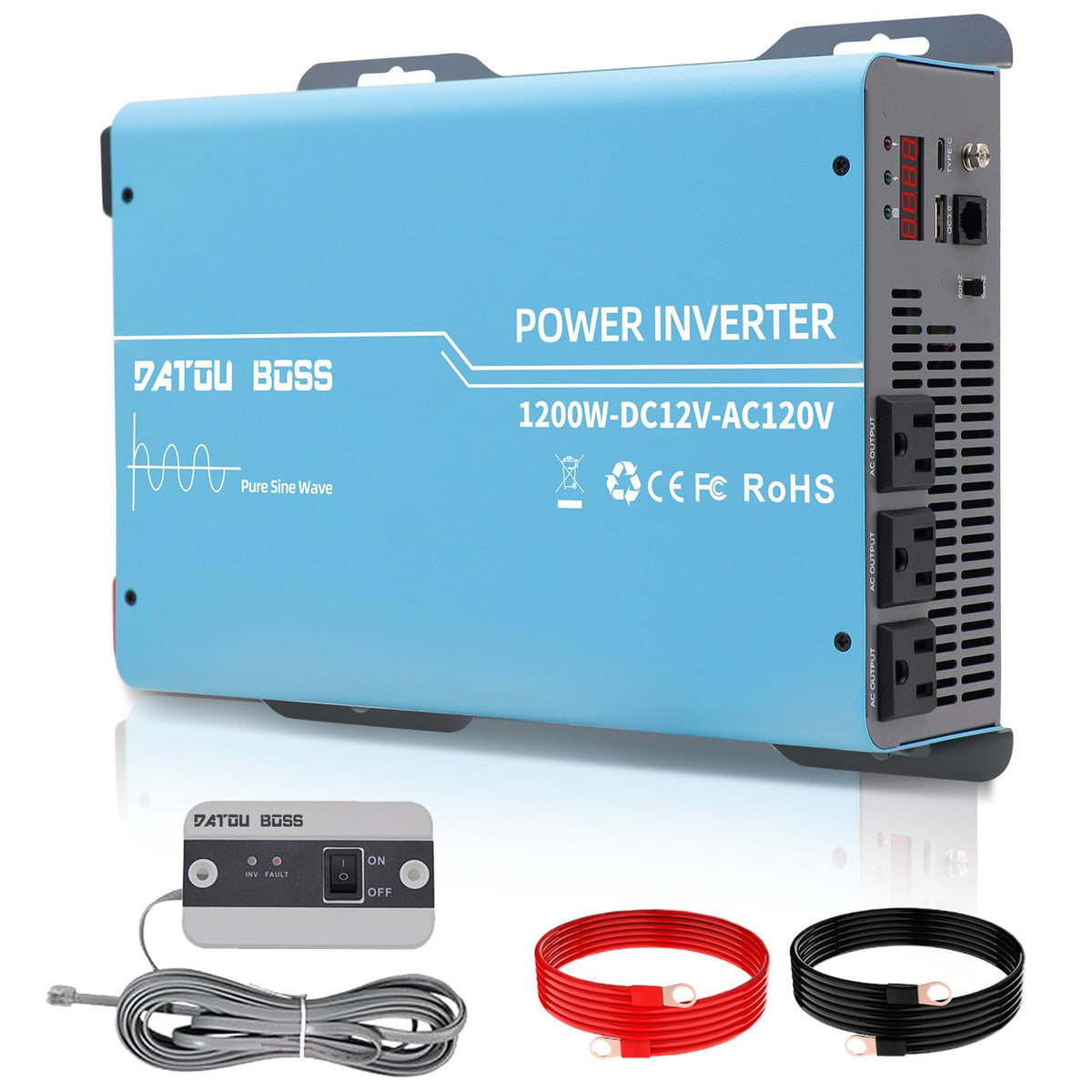 DATOUBOSS 2400W inverter front view highlights dual outlets for versatile on-the-go power