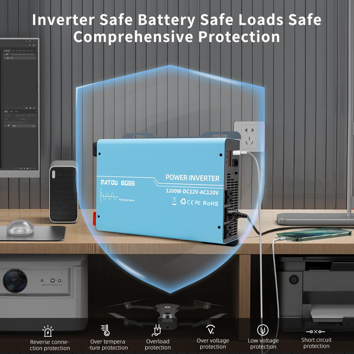 DATOUBOSS 2400W inverter LED display provides real-time voltage and power insights