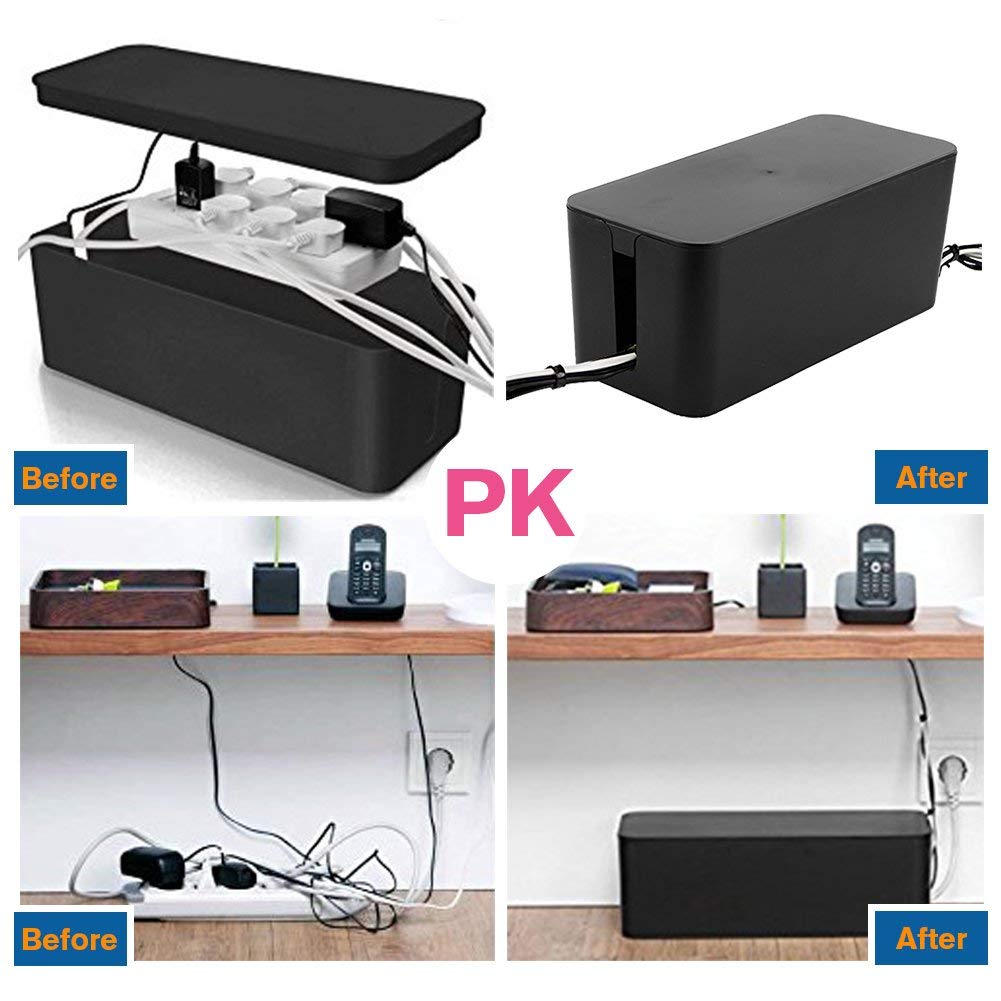 Davimaxium medium box protects outlets and reduces clutter on shelves.
