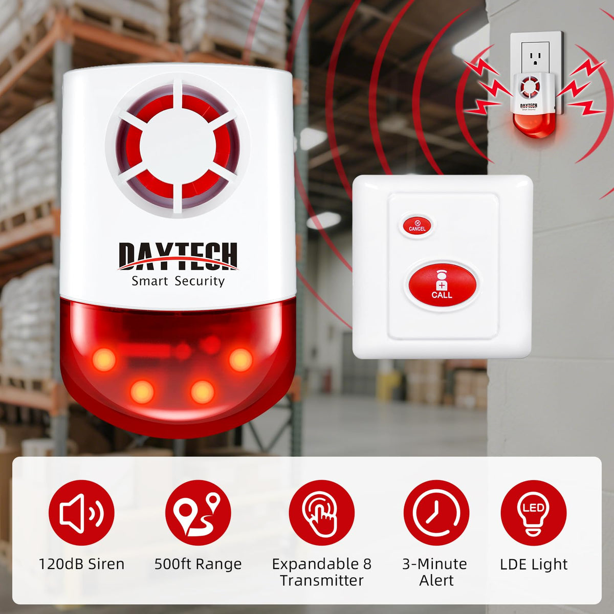 Daytech red flashing siren signaling an urgent alert in business or home settings.